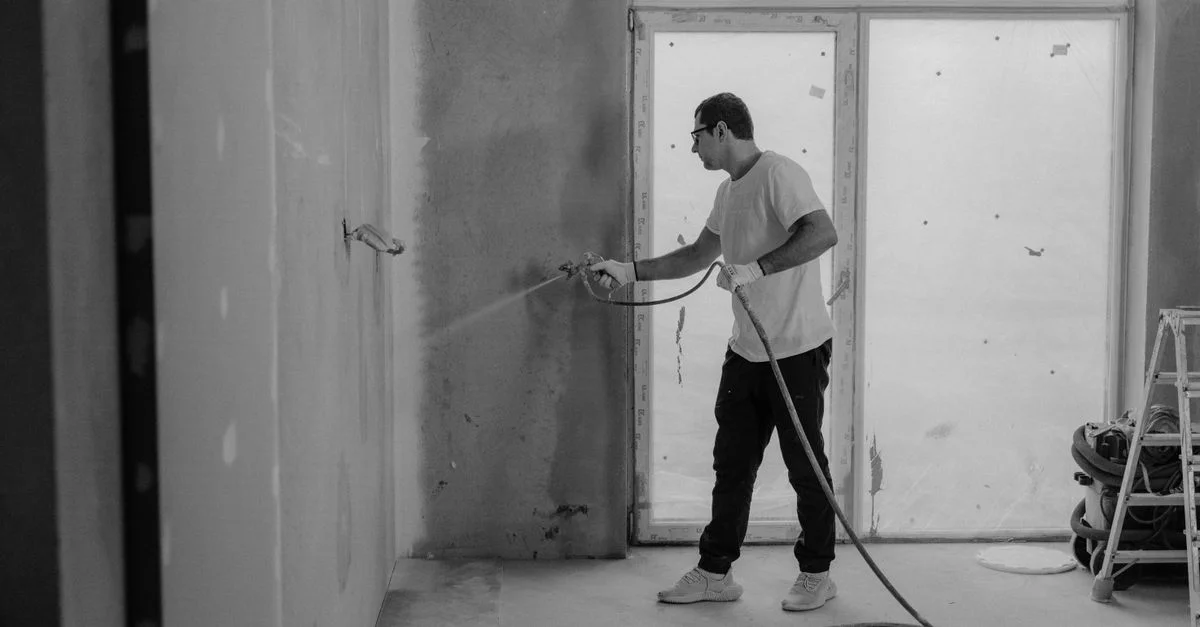 Un travailleur peint un mur intérieur avec un pistolet à peinture lors d'un projet de rénovation.