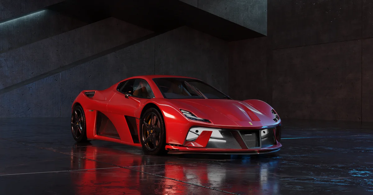 Une voiture de sport rouge éclatante présentée dans un environnement intérieur moderne et minimaliste avec un éclairage dramatique.