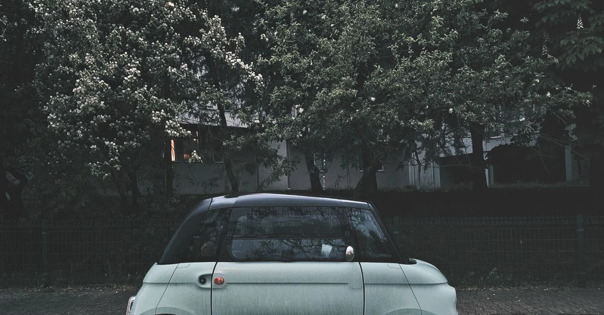 Une voiture électrique compacte moderne garée sous des arbres en fleurs dans une rue de la ville, mettant en avant le transport urbain écologique.